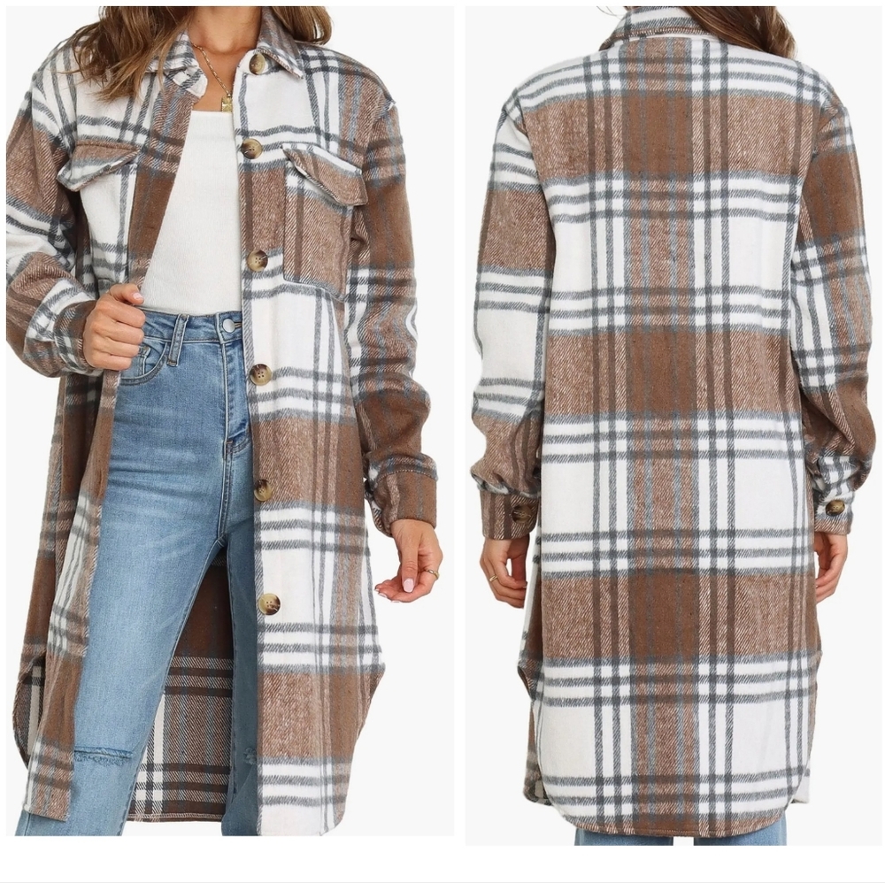 NWT Petal & Pup Dion Brown Check Plaid Longline Shacket, Flannel Duster, Large